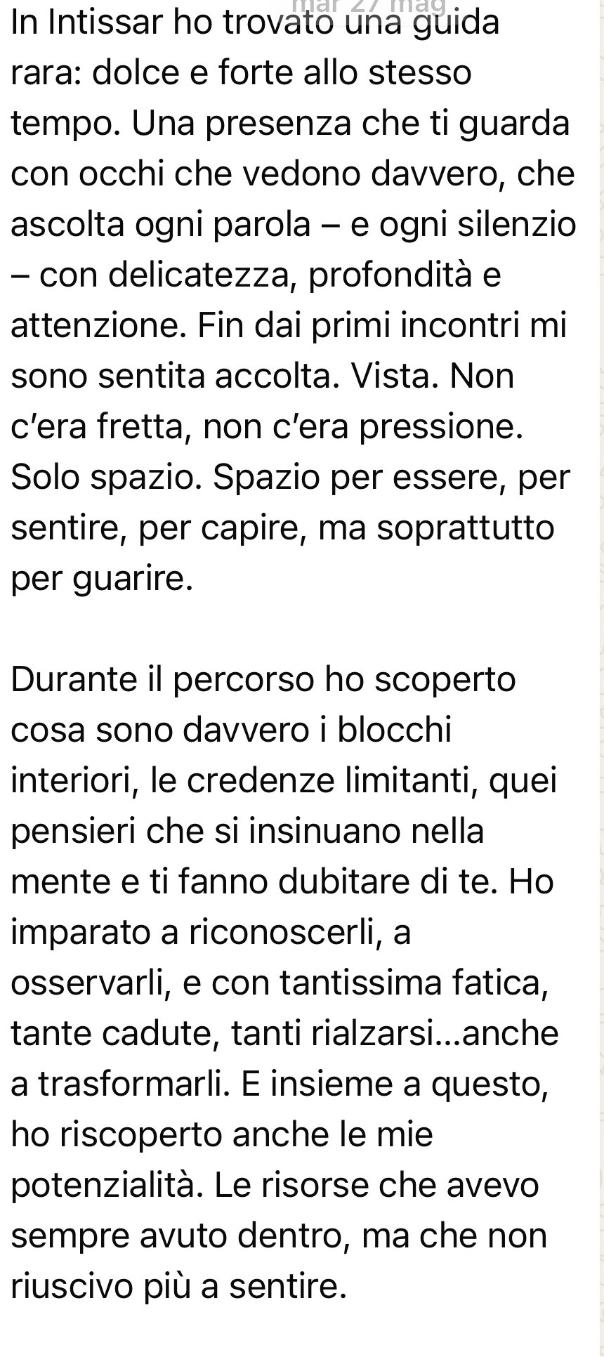 Messaggio di una partecipante che racconta di aver riconosciuto i propri blocchi interiori e riscoperto le proprie risorse