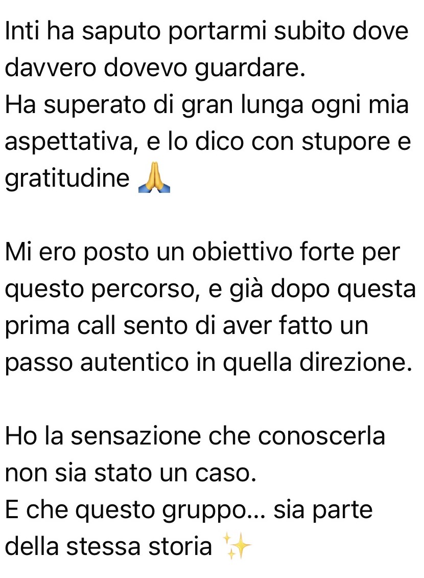 Messaggio di una partecipante che racconta di aver fatto un passo autentico verso il proprio obiettivo dopo la prima call