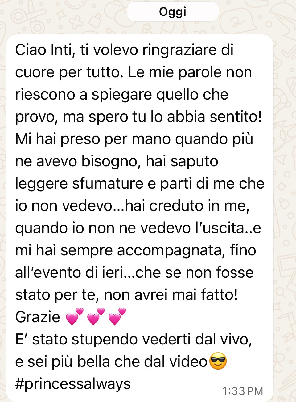 Messaggio di una partecipante che ringrazia per essere stata accompagnata fino alla partecipazione all'evento dal vivo