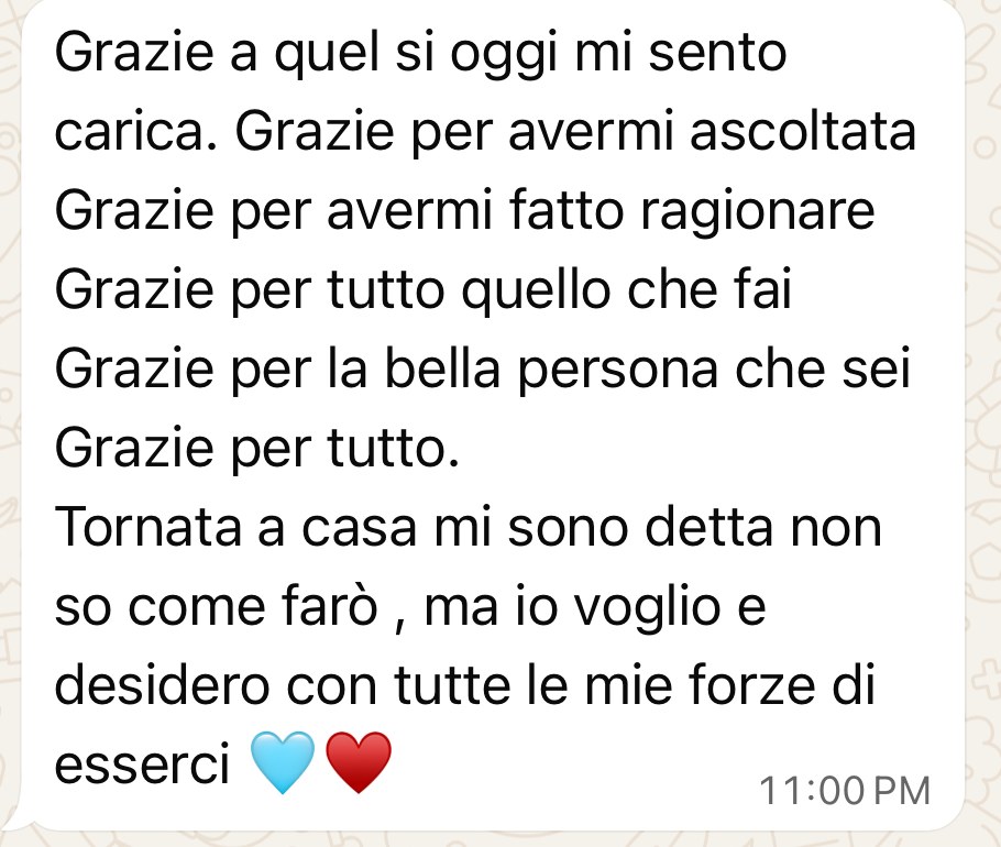 Messaggio di una partecipante che racconta di sentirsi carica e di desiderare con tutte le sue forze di esserci