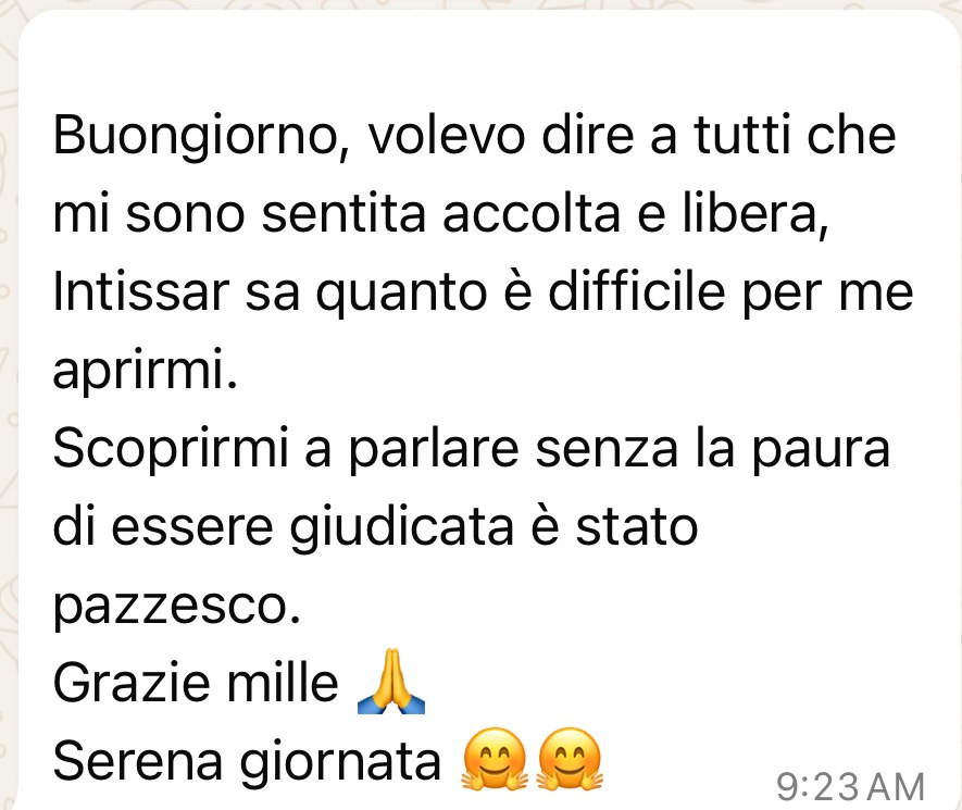 Messaggio di una partecipante che racconta di essersi sentita accolta e di aver parlato senza paura di essere giudicata