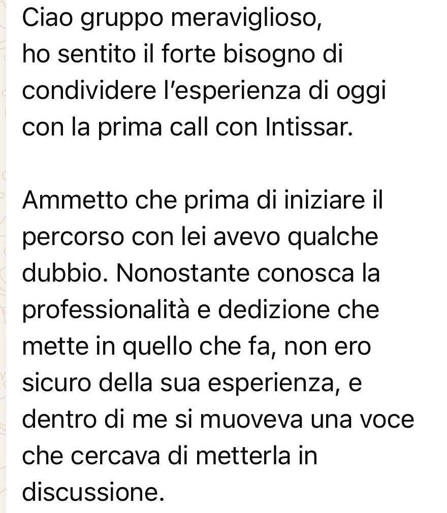 Messaggio di un partecipante che racconta i dubbi che aveva prima di iniziare il percorso