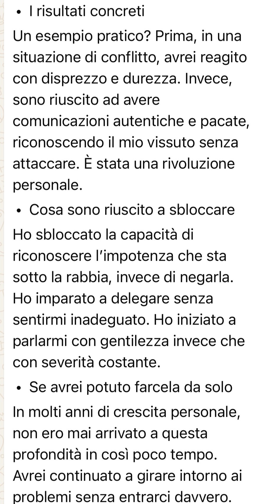 Messaggio di un partecipante che elenca i cambiamenti concreti nel modo di affrontare i conflitti e la rabbia