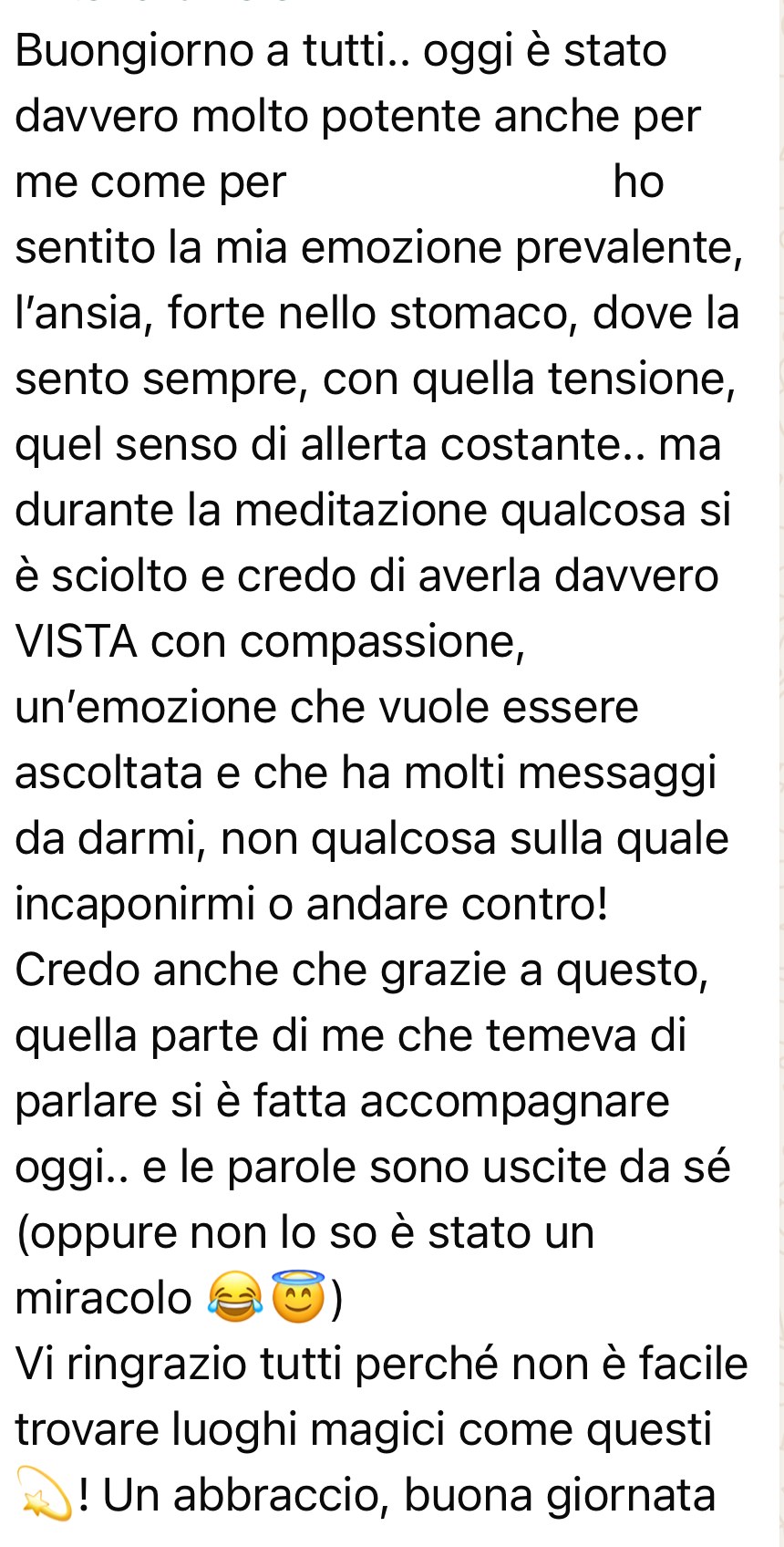 Messaggio di una partecipante che racconta di aver riconosciuto e accolto la propria ansia durante la meditazione