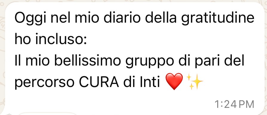 Messaggio di una partecipante che scrive di aver incluso il gruppo nel proprio diario della gratitudine