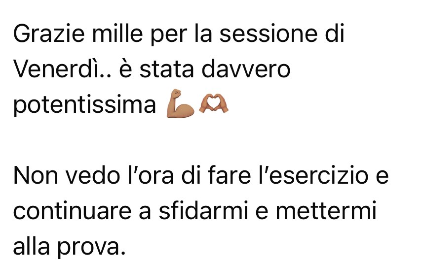 Messaggio di una partecipante che definisce potentissima la sessione e non vede l'ora di rimettersi alla prova