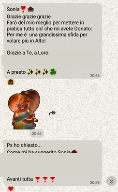 Messaggio di una partecipante che ringrazia Sonia e si impegna a mettere in pratica quello che ha ricevuto