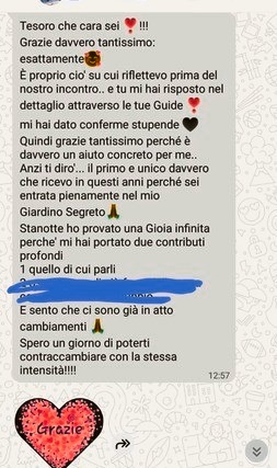 Messaggio di una partecipante che ringrazia per le conferme ricevute e i cambiamenti in atto